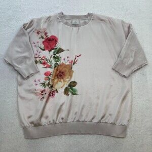 Sioni Elegant Beige Knitwear Satin Blouse Floral Pullover Plus Blouse 2X